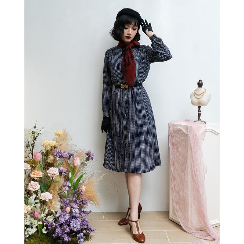 Vintage Japanese Ronshoin Polka Dot High Collar Button Up Pleated Dress(MT1608-94)