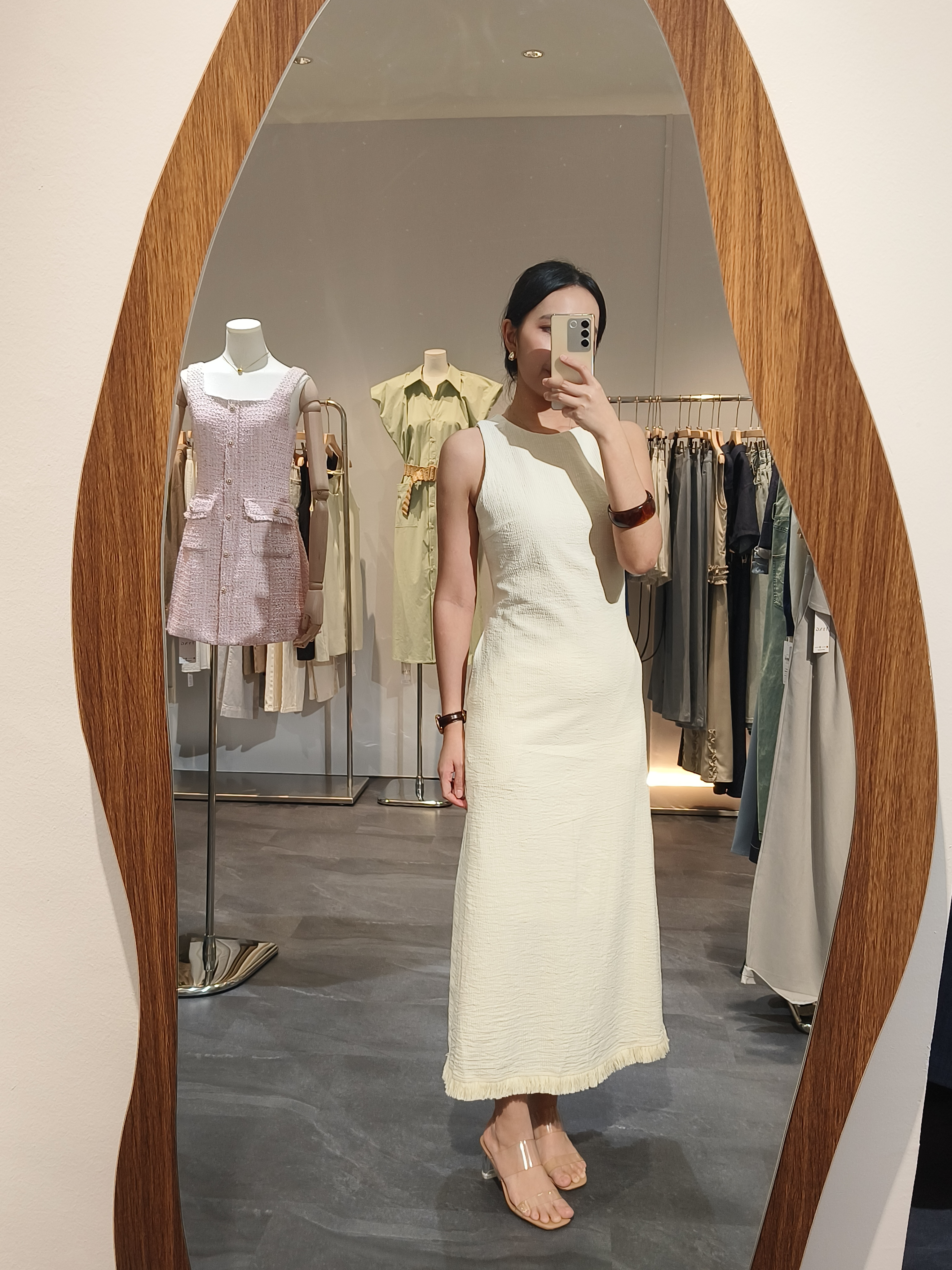 杏色棉麻流苏下摆连衣裙 Linen Fringed Hem Maxi Dress
