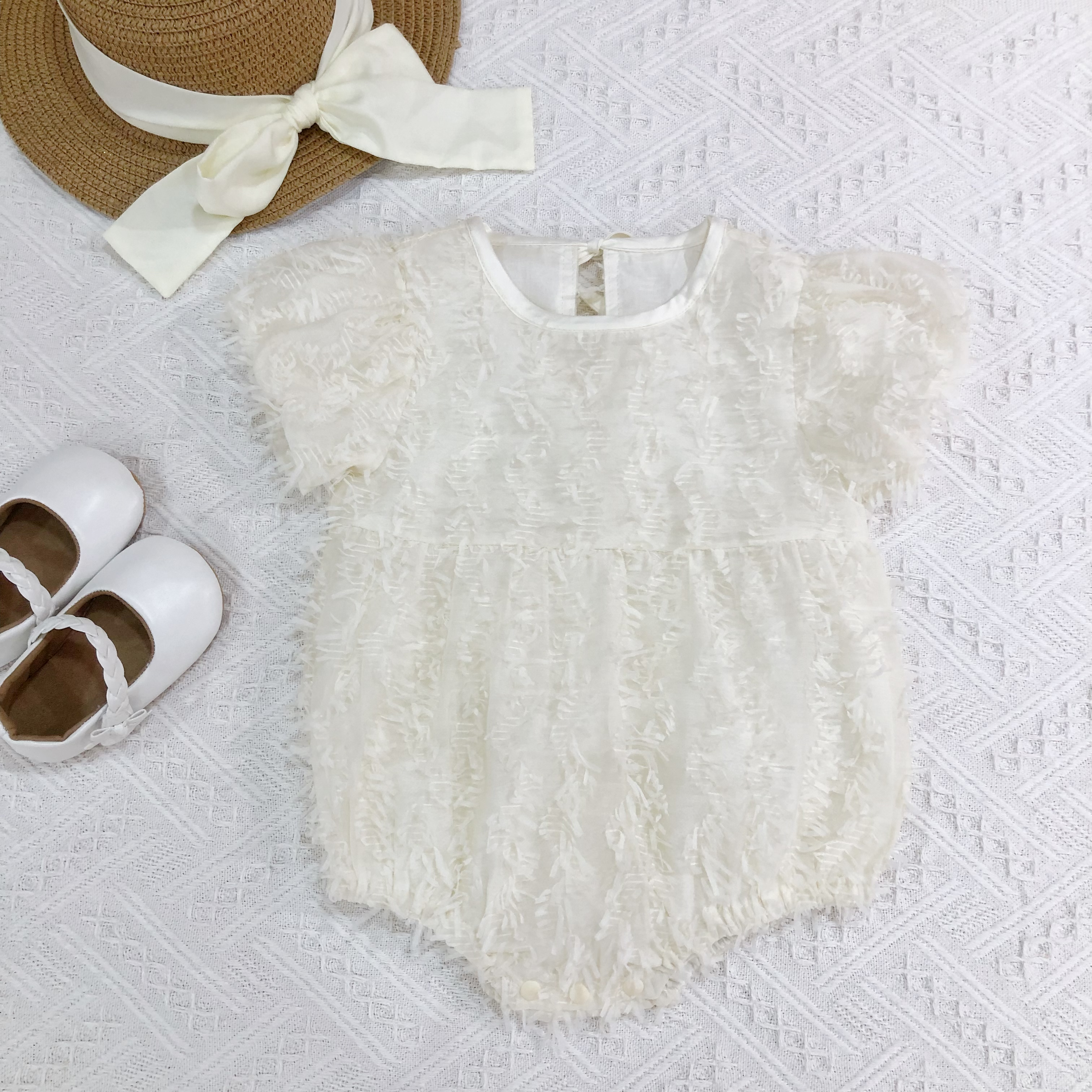 White Lace Baby Romper with Puff Sleeves