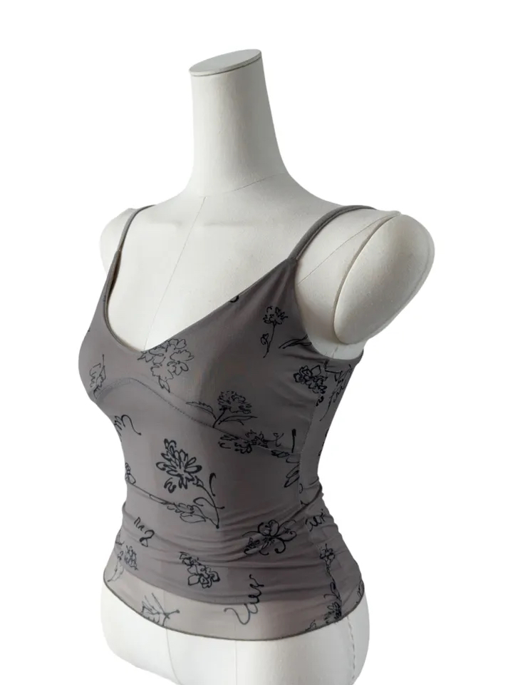 Abstract Floral Print Mesh Cami Top