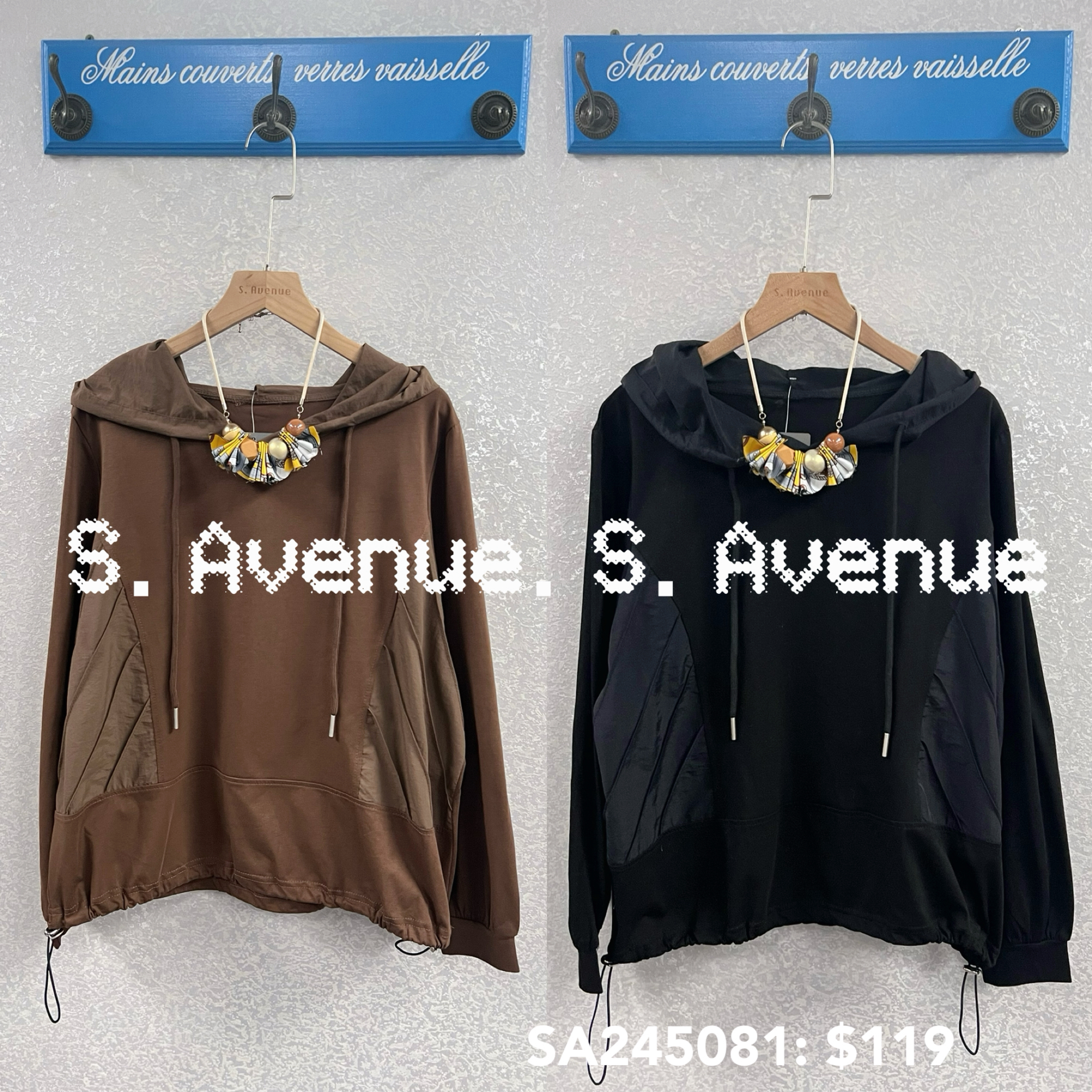 SA245081: 長袖有帽側拼暗紋料tee