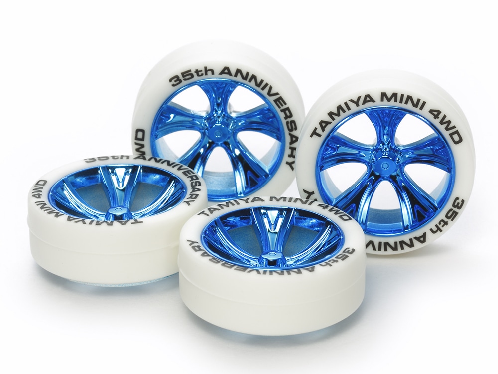 MINI 4WD 35th ANNIVERSARY WHITE TIRES & BLUE PLATED A-SPOKE WHEELS