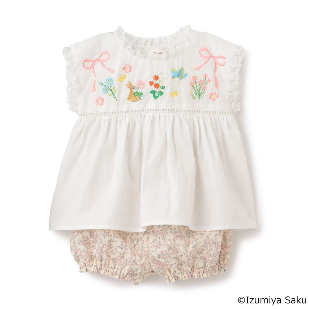 🇯🇵預訂 日本直送🇯🇵Petit Main x Izumiya Saku兩色圖案刺繡蕾絲上衣短褲套裝