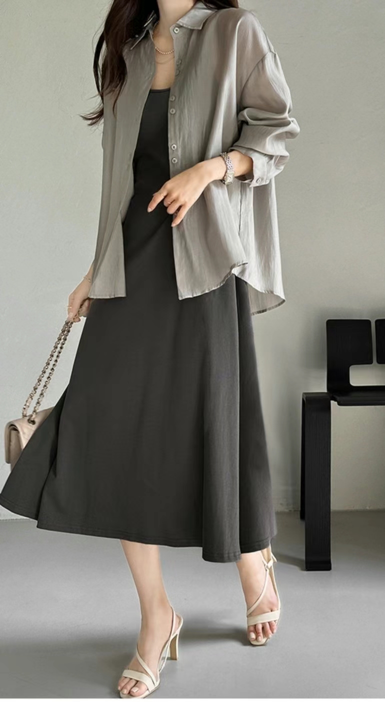Minimalist Ruched Dress with Sheer Cardigan Set ‖ 极简褶皱连身裙轻薄开衫套装 KR06108171