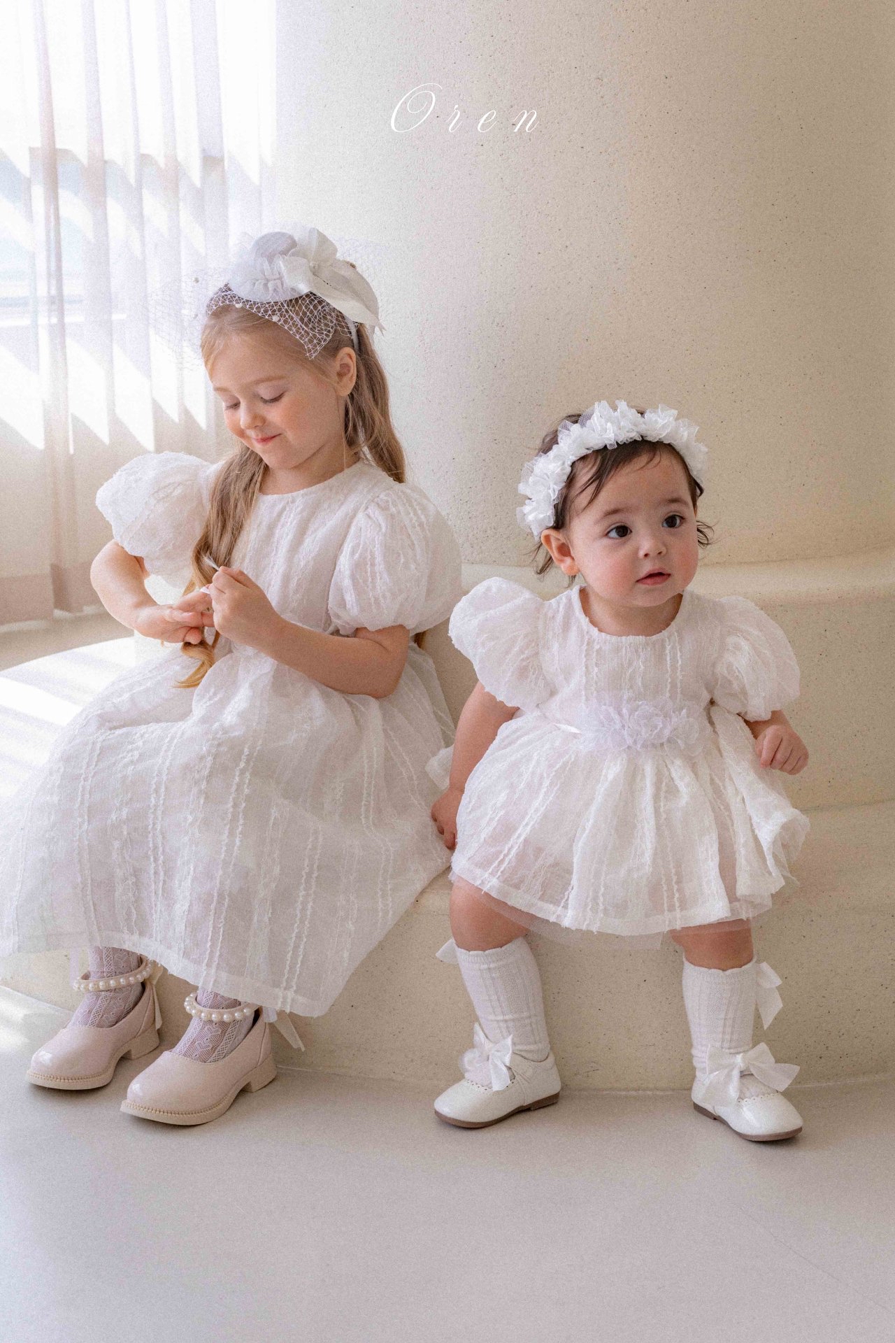 ☀️預訂 韓國直送☀️🇰🇷Oren Edel Pure蕾絲紋理花卉腰帶泡泡袖包屁裙/連身裙