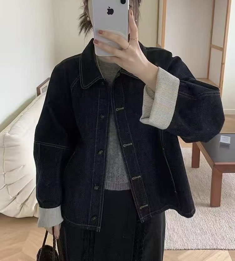 條子反袖牛仔外套 