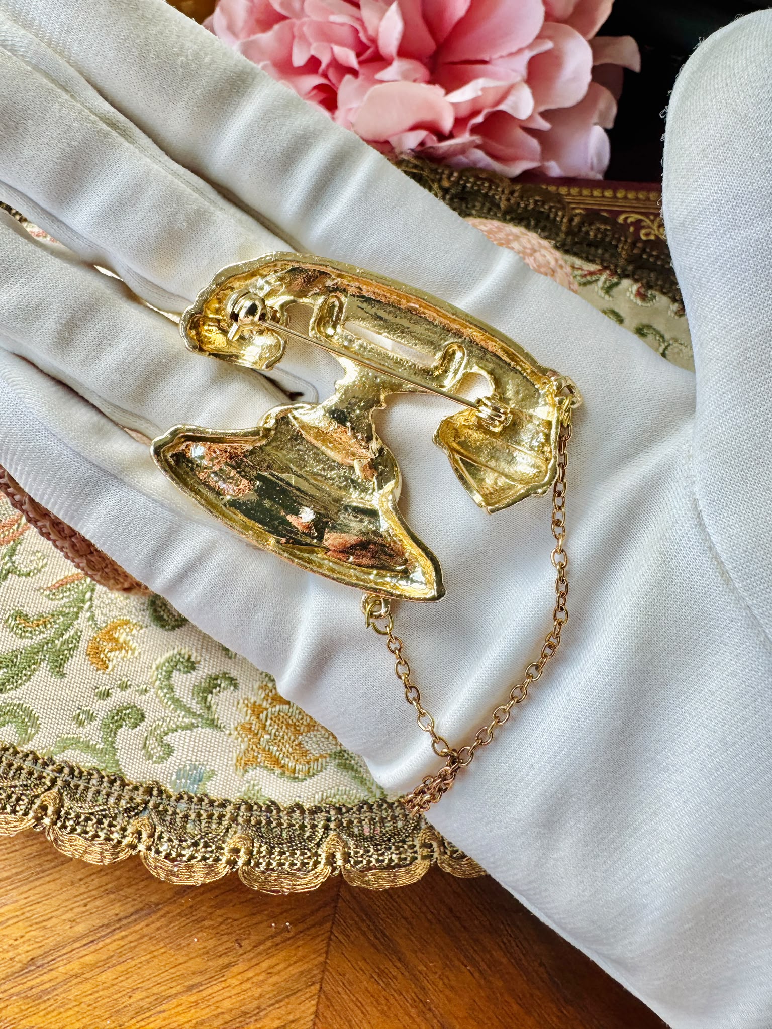 C.a. 1980s Large Golden Telephone Brooch with a Chain(MT2625-6)