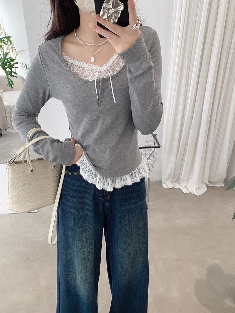 蕾丝花边拼接纯色上衣