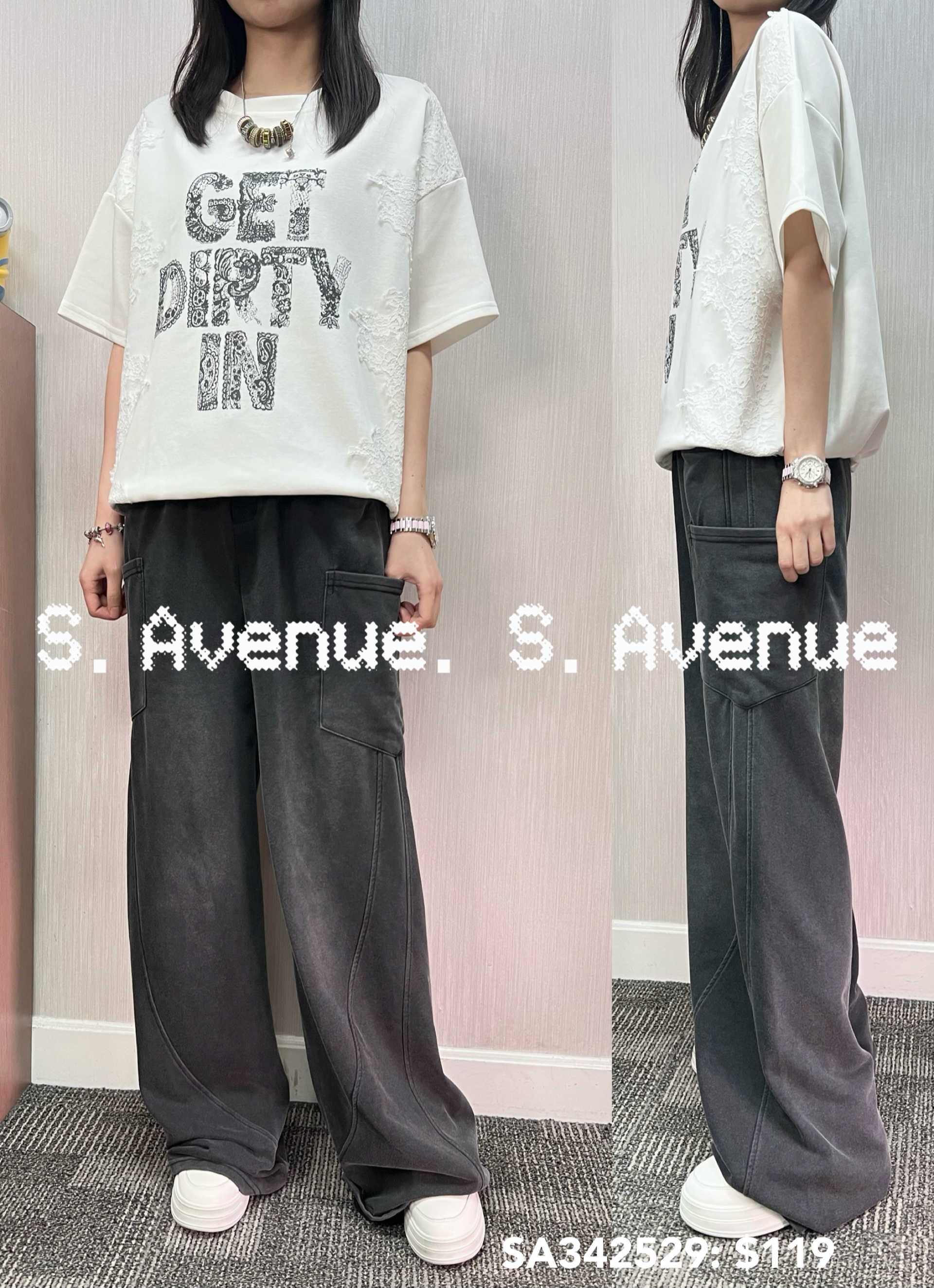 SA342529: 短袖側lace束腳get dirty tee