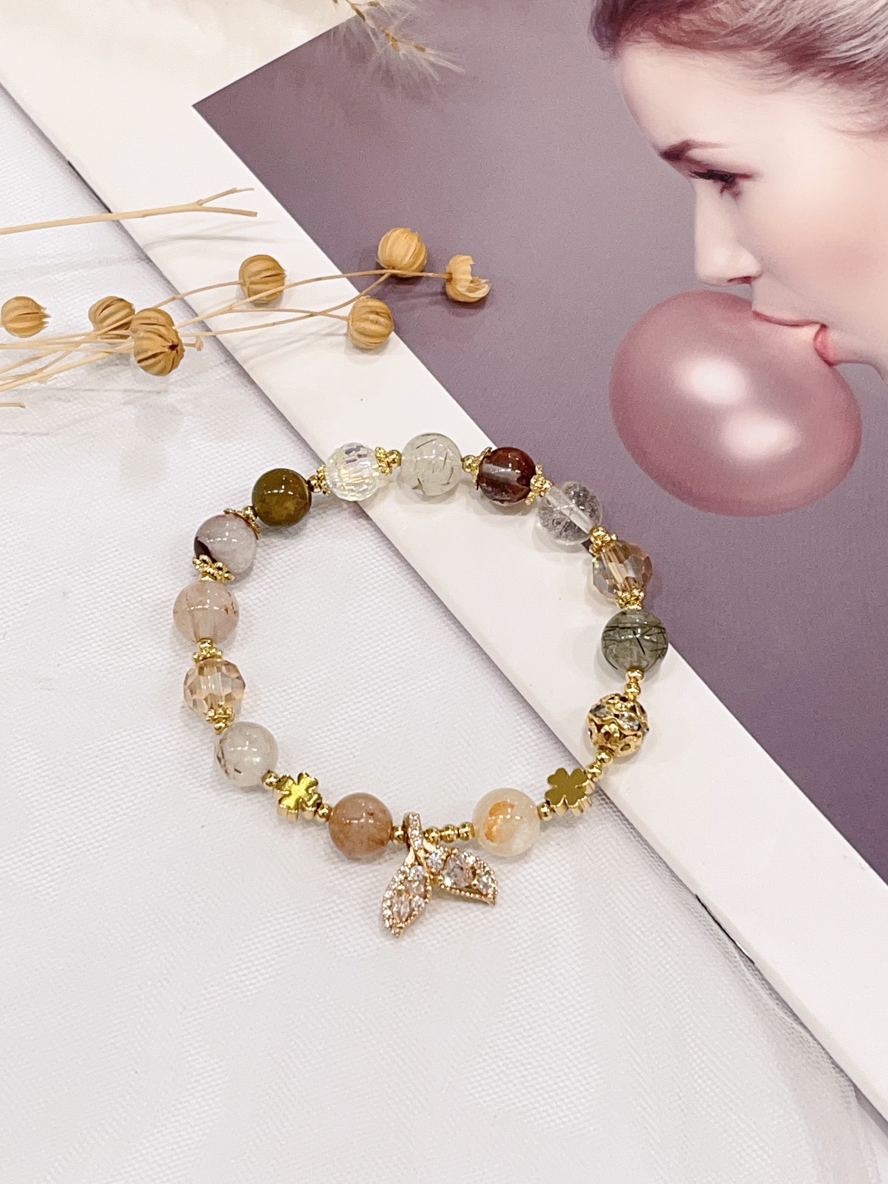 🧜‍♀️ 彩发晶多宝 × 美人鱼尾手串 Multicolor Rutilated Quartz & Mermaid Tail Charm | 8mm