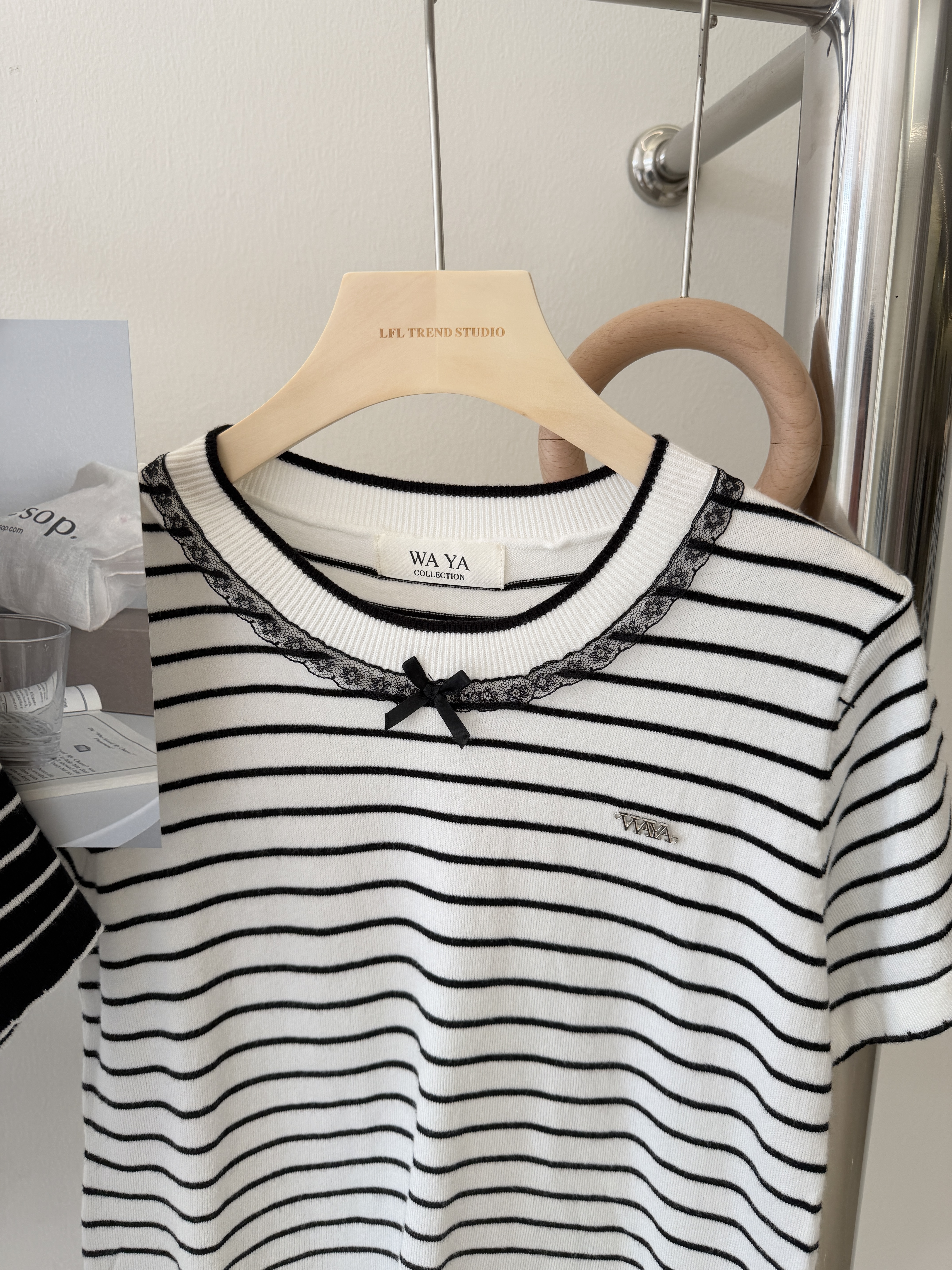 6523 纯欲蕾丝蝴蝶结条纹短袖