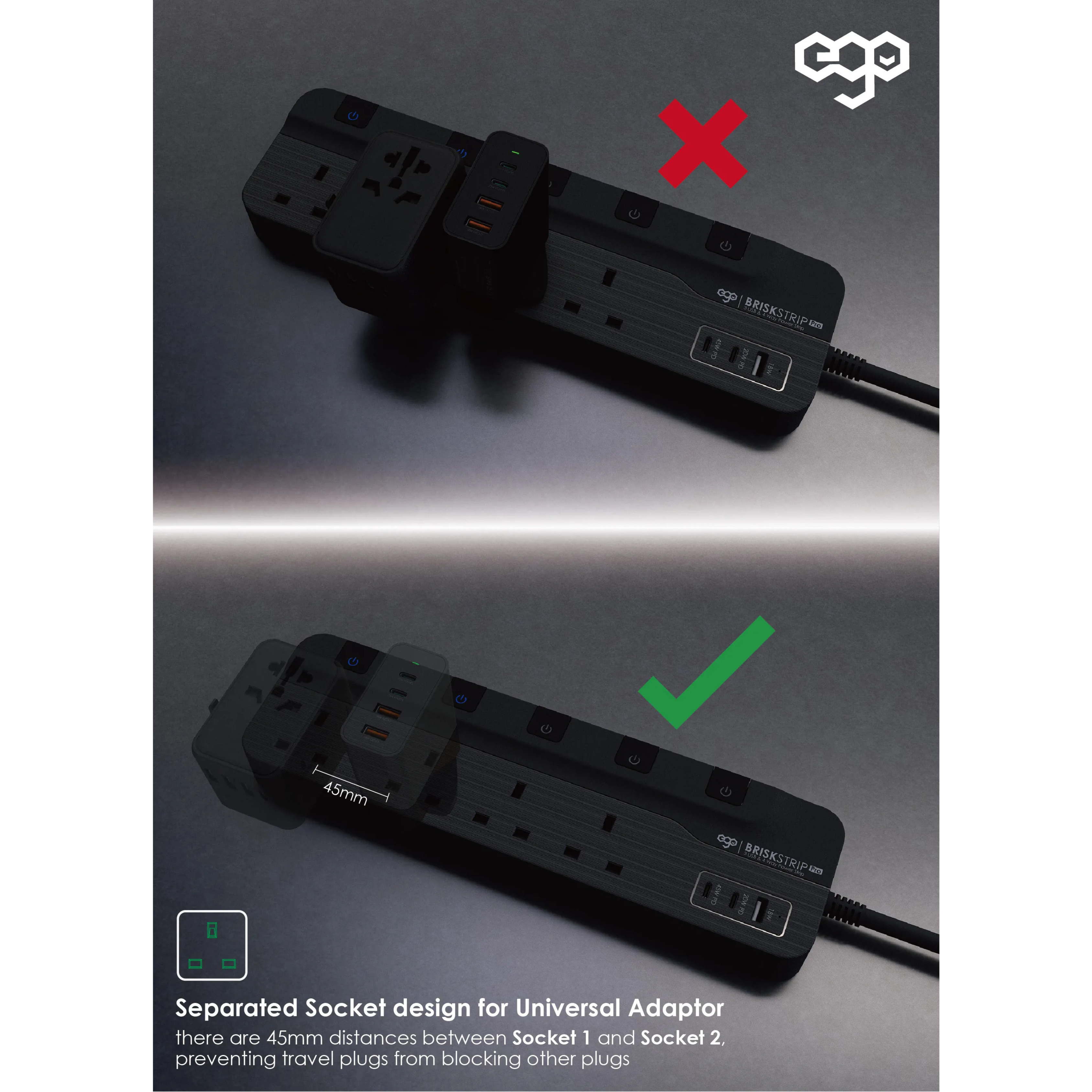 EGO BRISK STRIP 專業版 氮化鎵 3USB & 4插口防雷拖板
