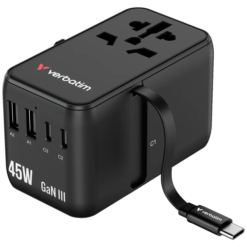 香港行貨 一年保養 Verbatim(威寶) Charge 'n' Travel 45W 通用旅行轉插 (附USB-C可伸縮充電線) 30182