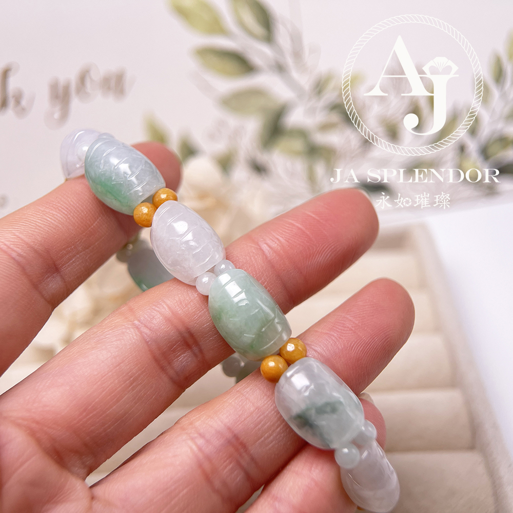 OF-06-J 天然翡翠A玉 - 冰潤三彩長壽吉祥龜貝手串