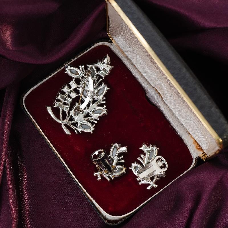 C.a. 1950-60s Elegant Dove Grey Pearlized Lucite Accented with Rhinestone Jewelry Set - Brooch & Clip Earrings (MT1119)