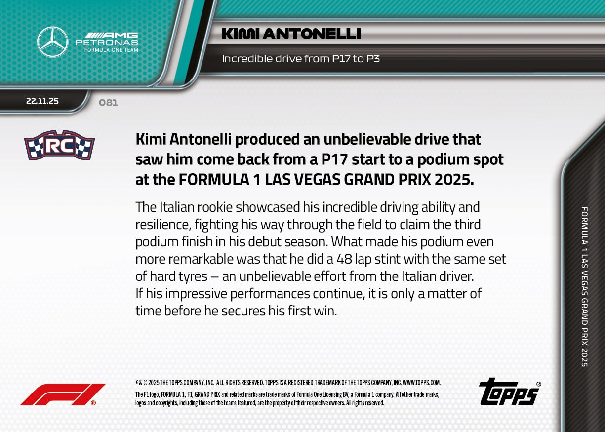 Kimi Antonelli RC - 2025 F1 Topps NOW® #81 Las Vegas GP P17追至P3卡｜PR 3,099