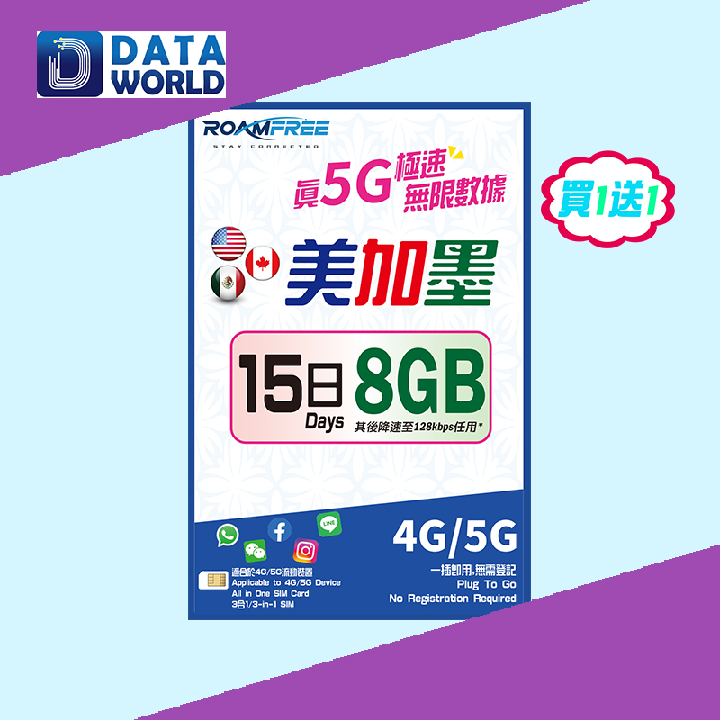 【買1送1優惠】Roamfree X 3HK 4G/5G 美國,加拿大及墨西哥15日8GB無限數據卡 x2