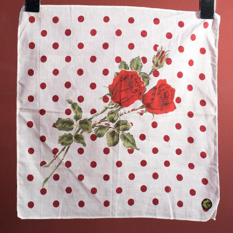 Vintage C.a. 1960s German "Peacock" Rose & Polka Dot Cotton Handkerchief - New Old Stock (EV387)