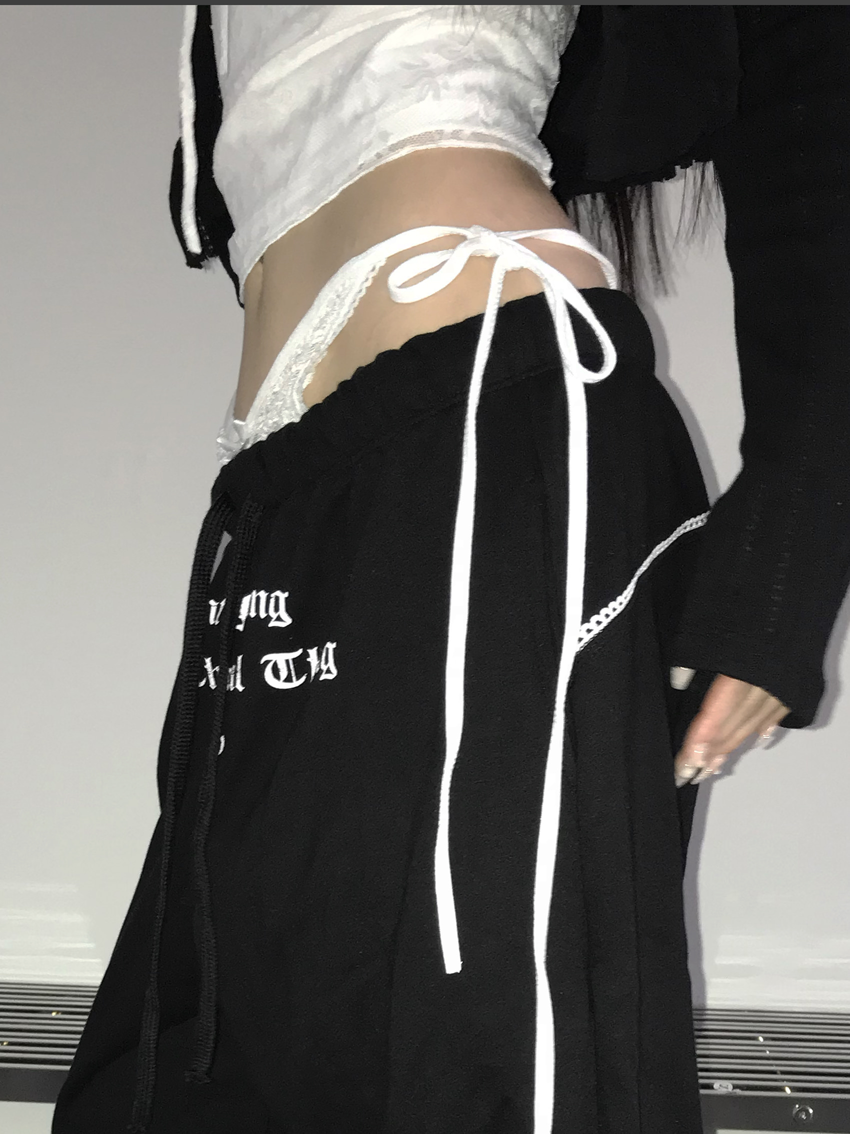 Layered Lace Waist Graphic Wide Leg Pants