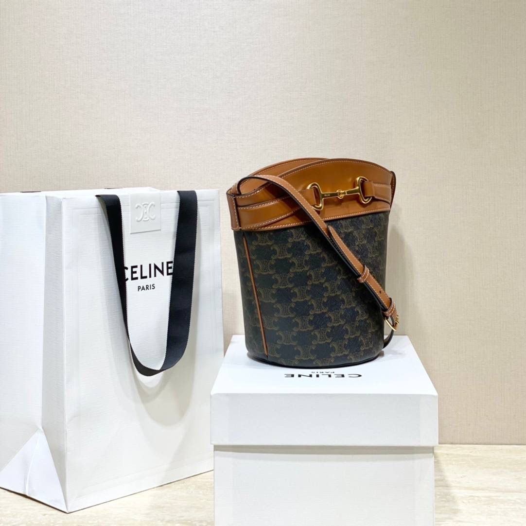 🔥大货实拍图 𝗖𝗘𝗟𝗜𝗡𝗘 ♥ 𝗧𝗥𝗜𝗢𝗠𝗣𝗛𝗘 𝗕𝗨𝗖𝗞𝗘𝗧 𝗖𝗥𝗘𝗖𝗬 金色马衔扣是Crecy系列的标志性元素，以做旧感的原色小牛皮衬托，透出简约而优雅的气质。型号：192072 尺寸：14*21*14cm