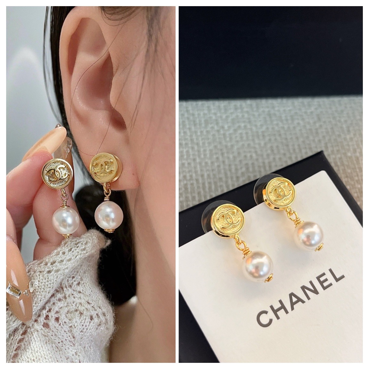 【原單】CHANEL CC金幣珍珠吊墜耳環-連禮盒