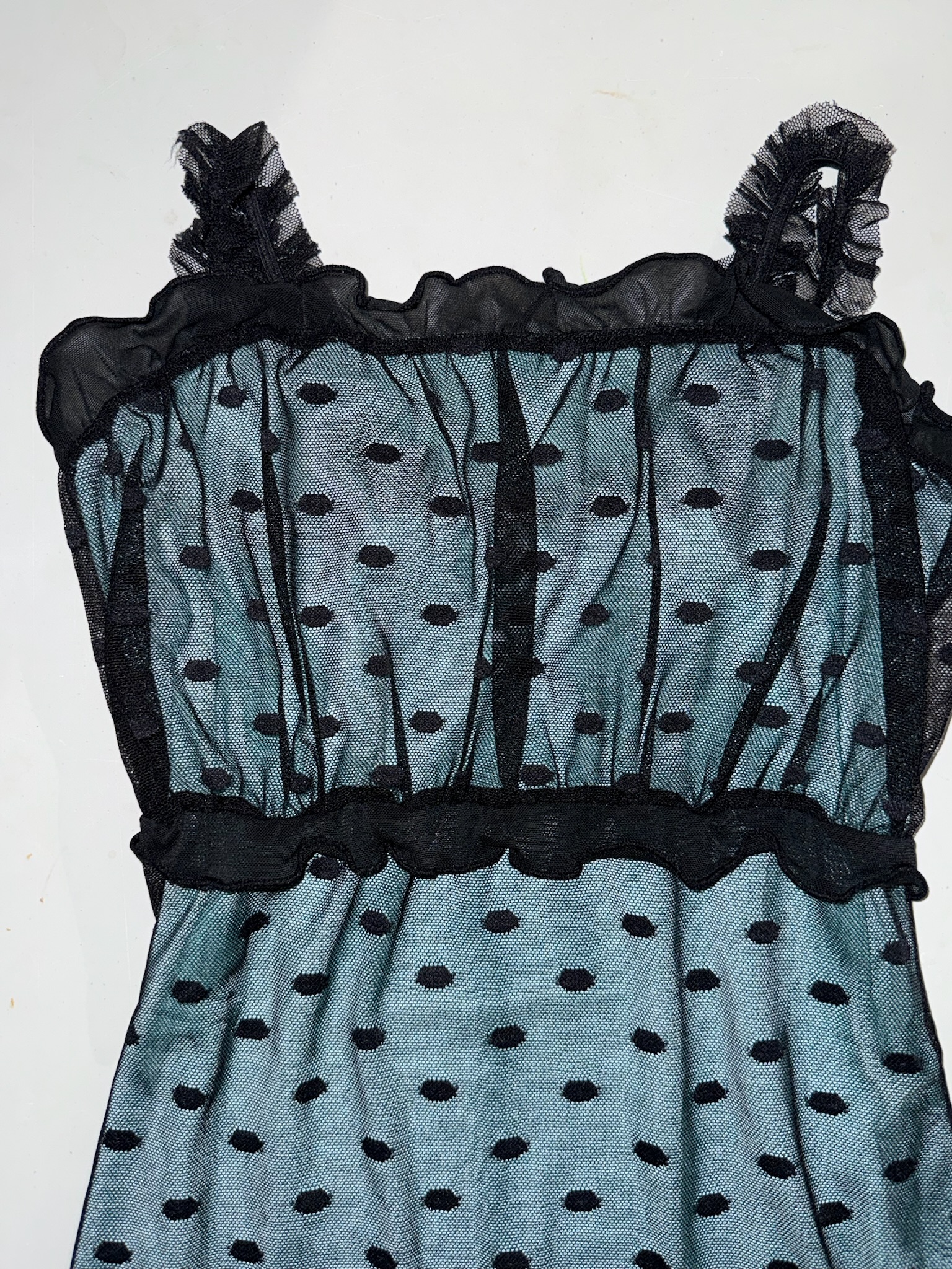 Teal Blue Polka Dot Mesh Overlay Cami Top