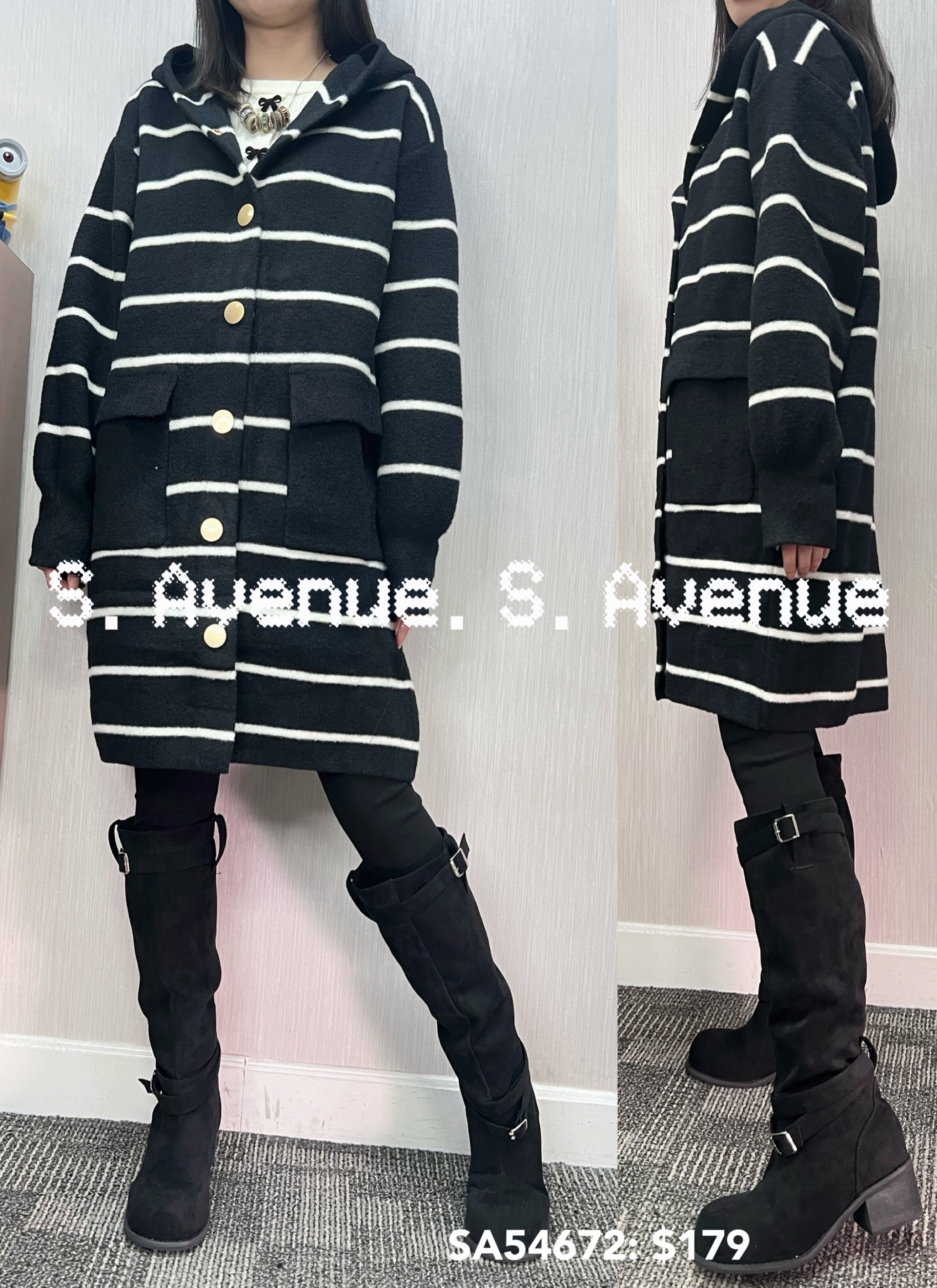 SA54672: 長袖有帽間條長身褸