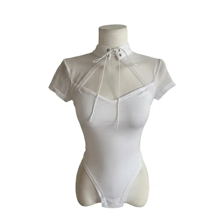 Sheer Cutout Lace-Up Mock Neck Bodysuit