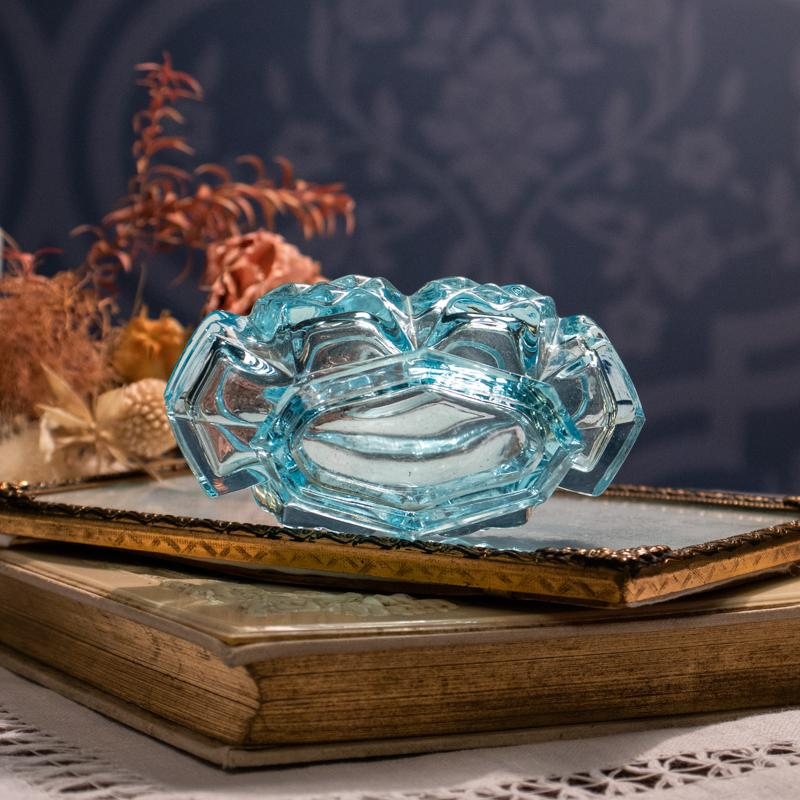 1960s Czechoslovakia Art Deco Inspired-Pattern Pressed Glass Vanity Perfume Bottle -Aqua Blue(MW013)