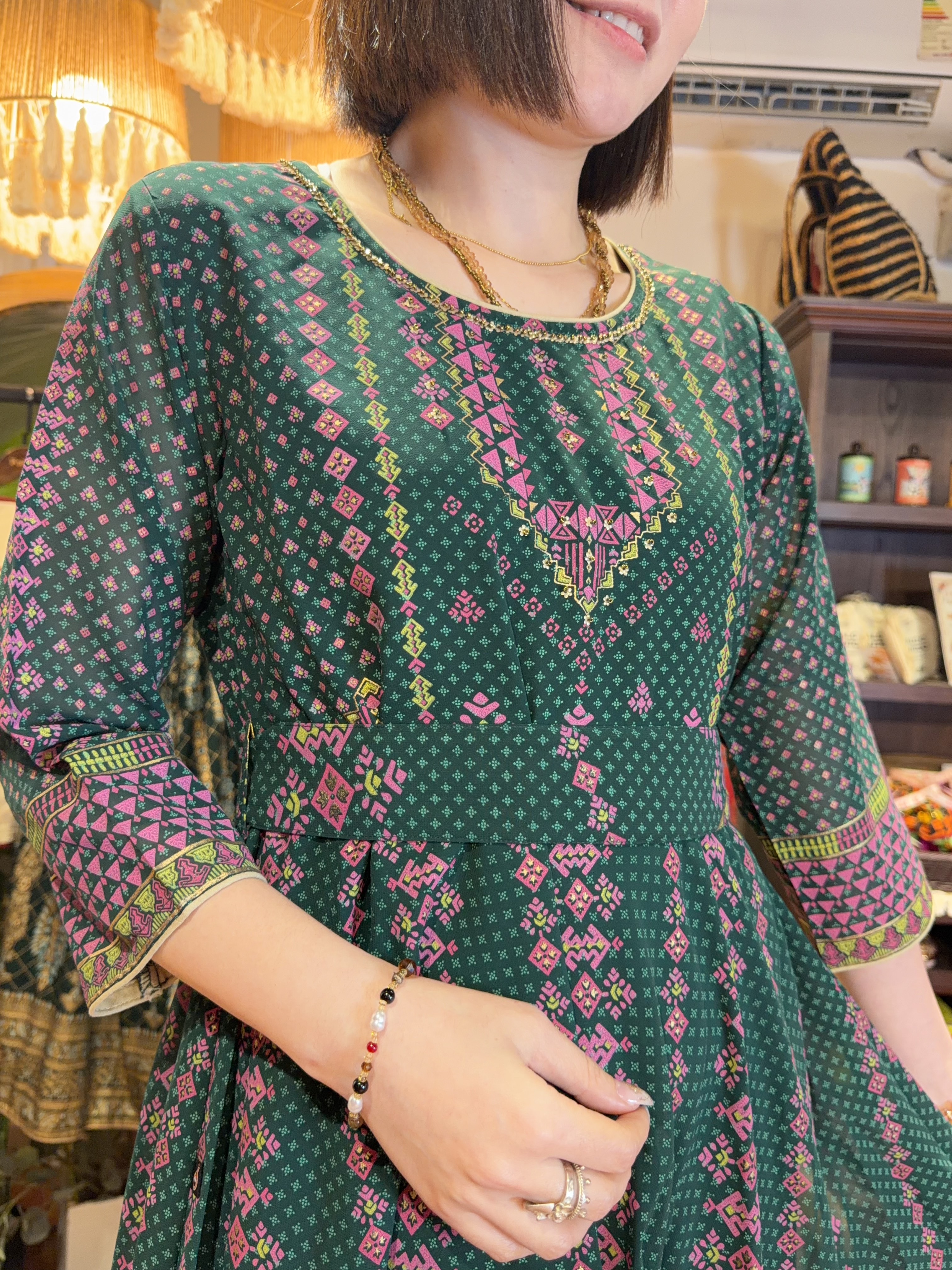 2374 Forest Green X Pink Chiffon OP with Belt 52.5"
