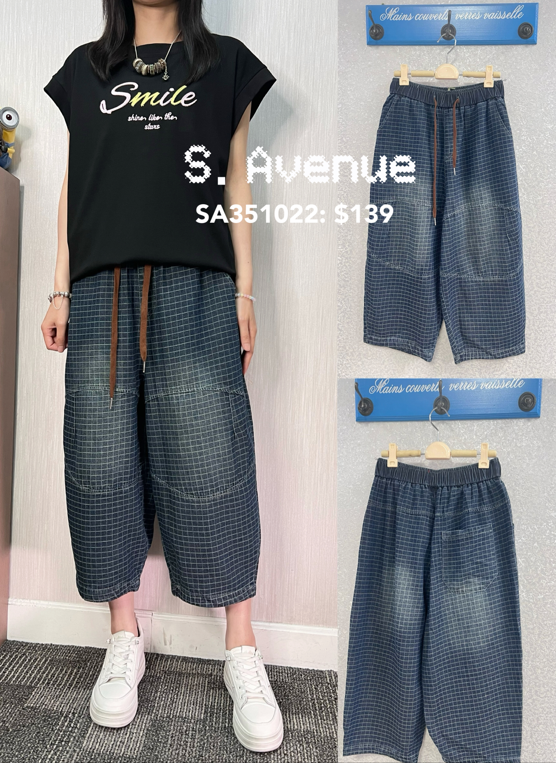 SA351022: 橡筋腰格紋洗水牛仔休閑褲