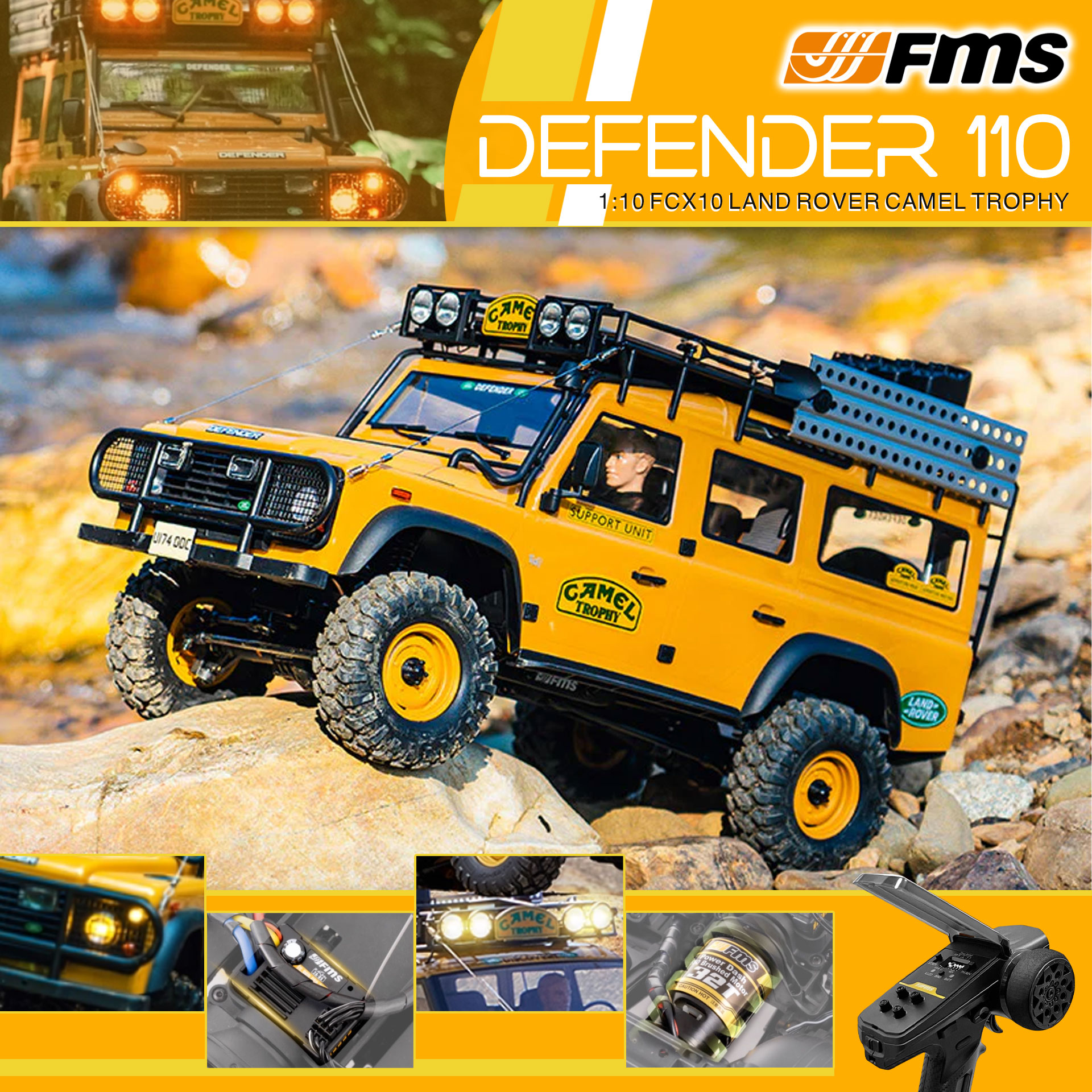 全新 FMS 1:10 Land Rover Camel Trophy Defender 110 攀爬車 | D110 | FCX10 | Land Rover 授權 | 4輪驅動 | 550 32T 有刷電機 | 雙速變速機械波箱