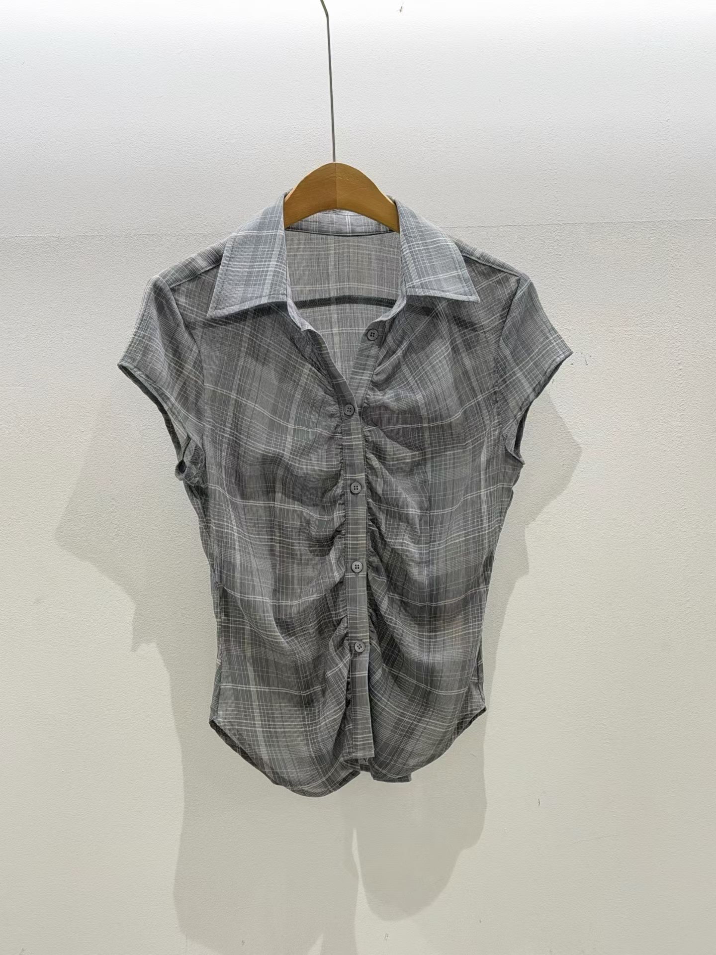 Plaid Shirred Button-Up Blouse