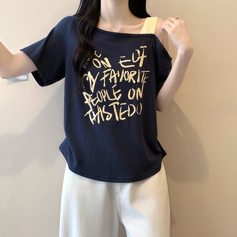 B292(3995) 美式涂鸦风文字斜领单吊带5色上衣 