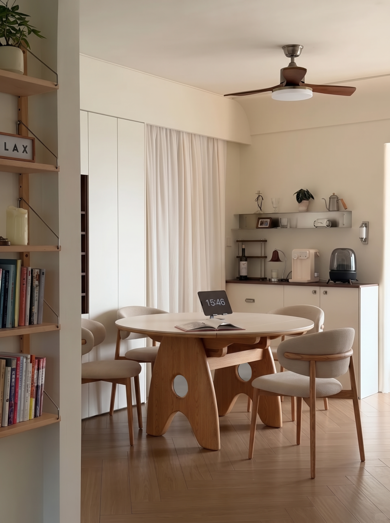 原木奶油風可伸縮摺疊岩板餐檯 家用細單位 方圓兩用飯檯 dining table
