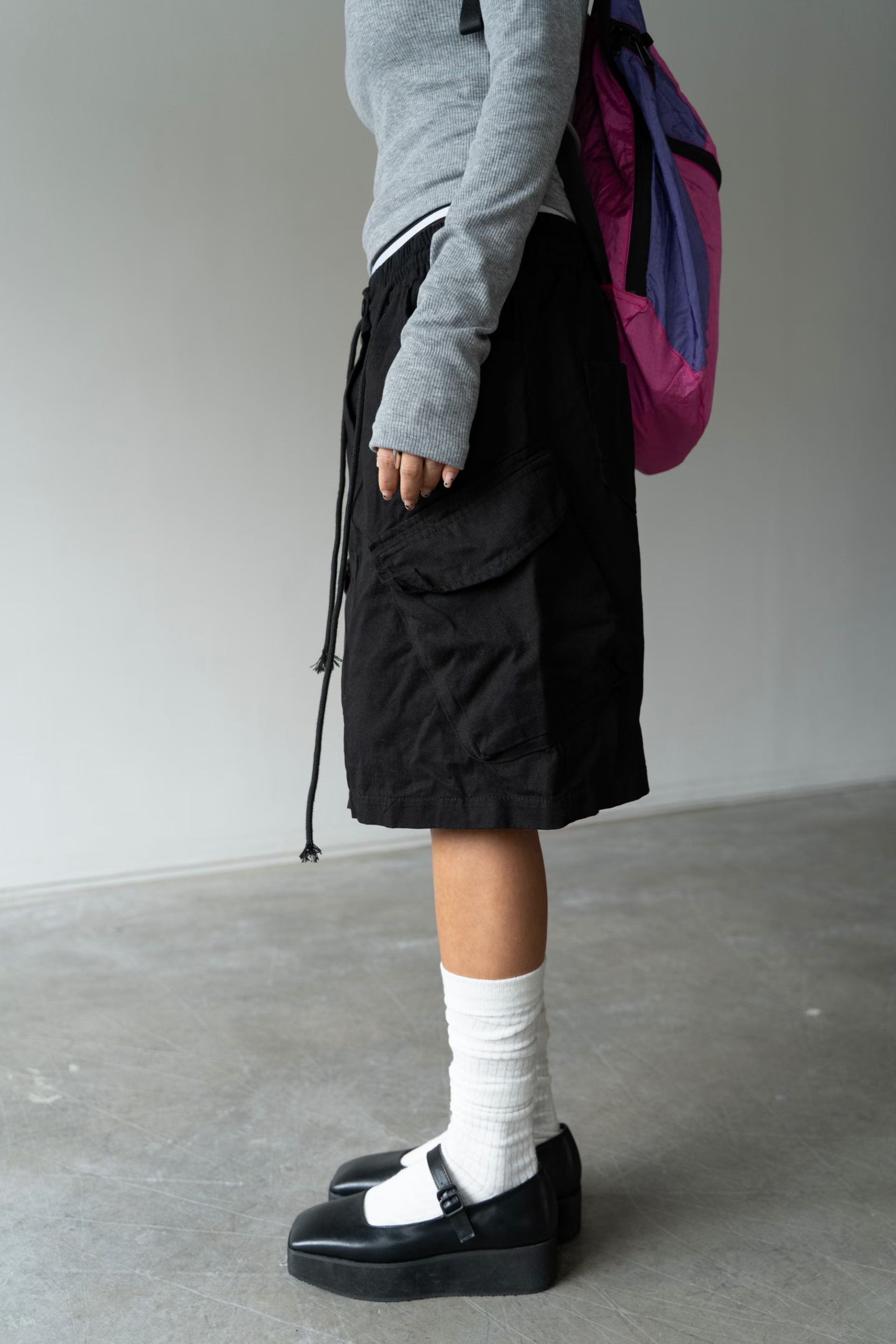 橡筋腰斜布工裝短裙