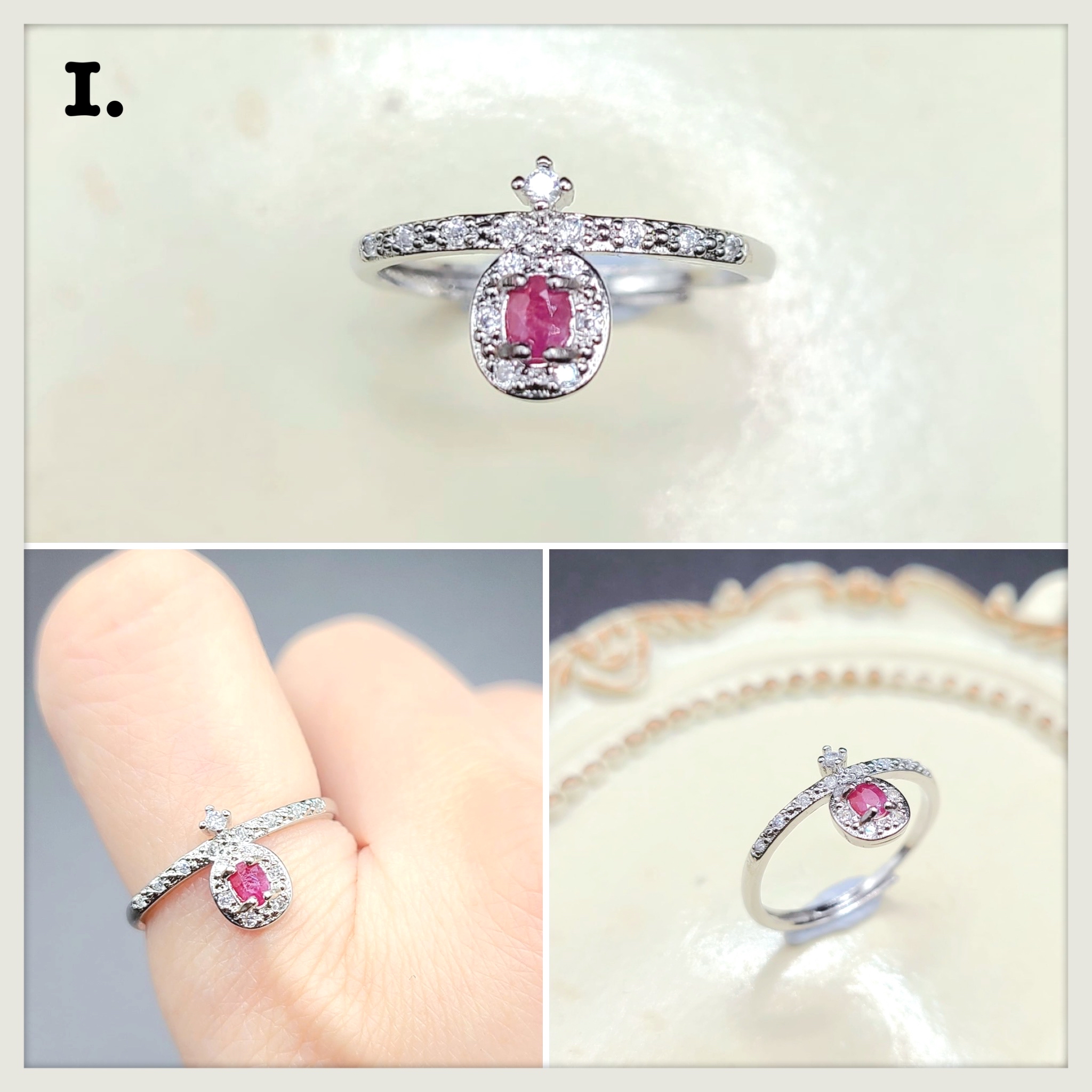 天然紅藍綠寶石銅鍍白金戒指