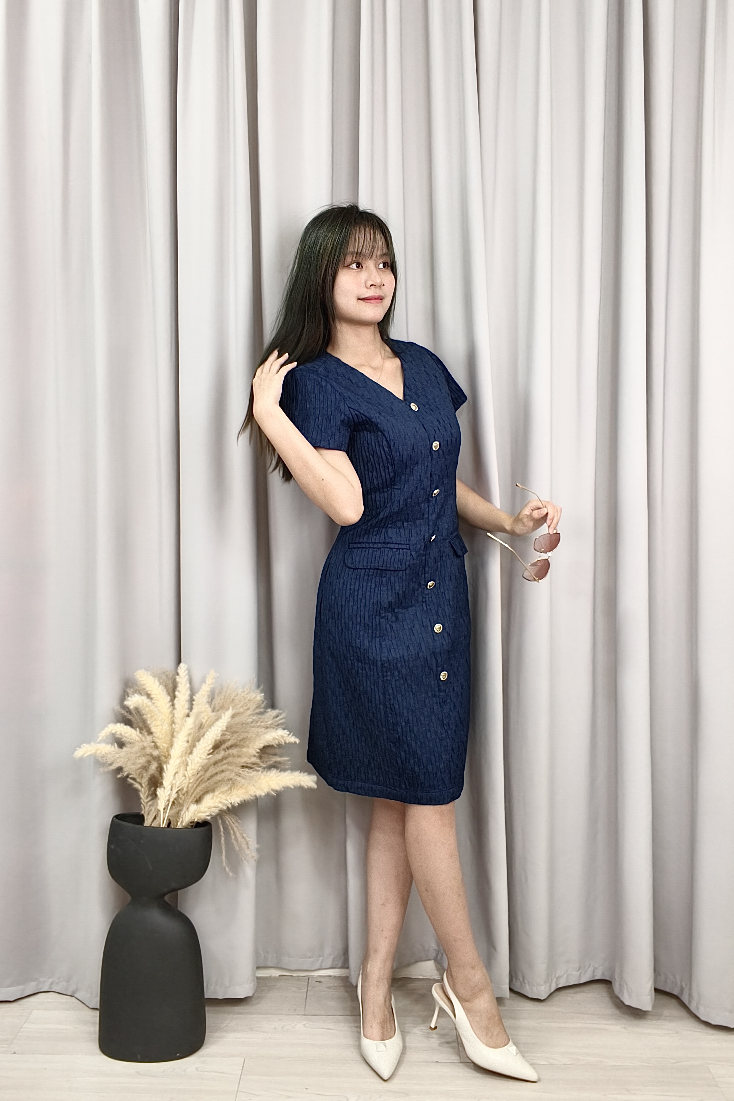 25685 Textured Button-Front Tailored Dress