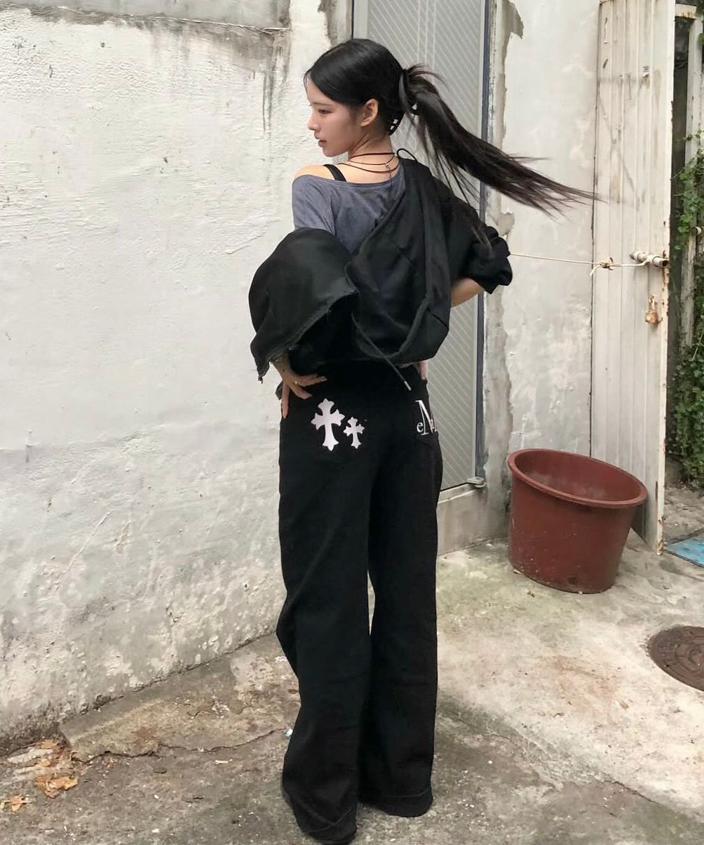 🇰🇷訂購｜MUCENT｜Pistol Back Leather Double Cross Wide Cotton Pants 