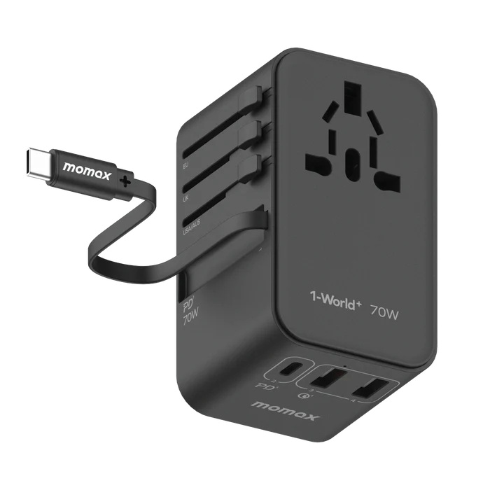 Momax 1-World+ 70W GaN 3插口及內置伸縮USB-C充電線旅行插座(黑色)