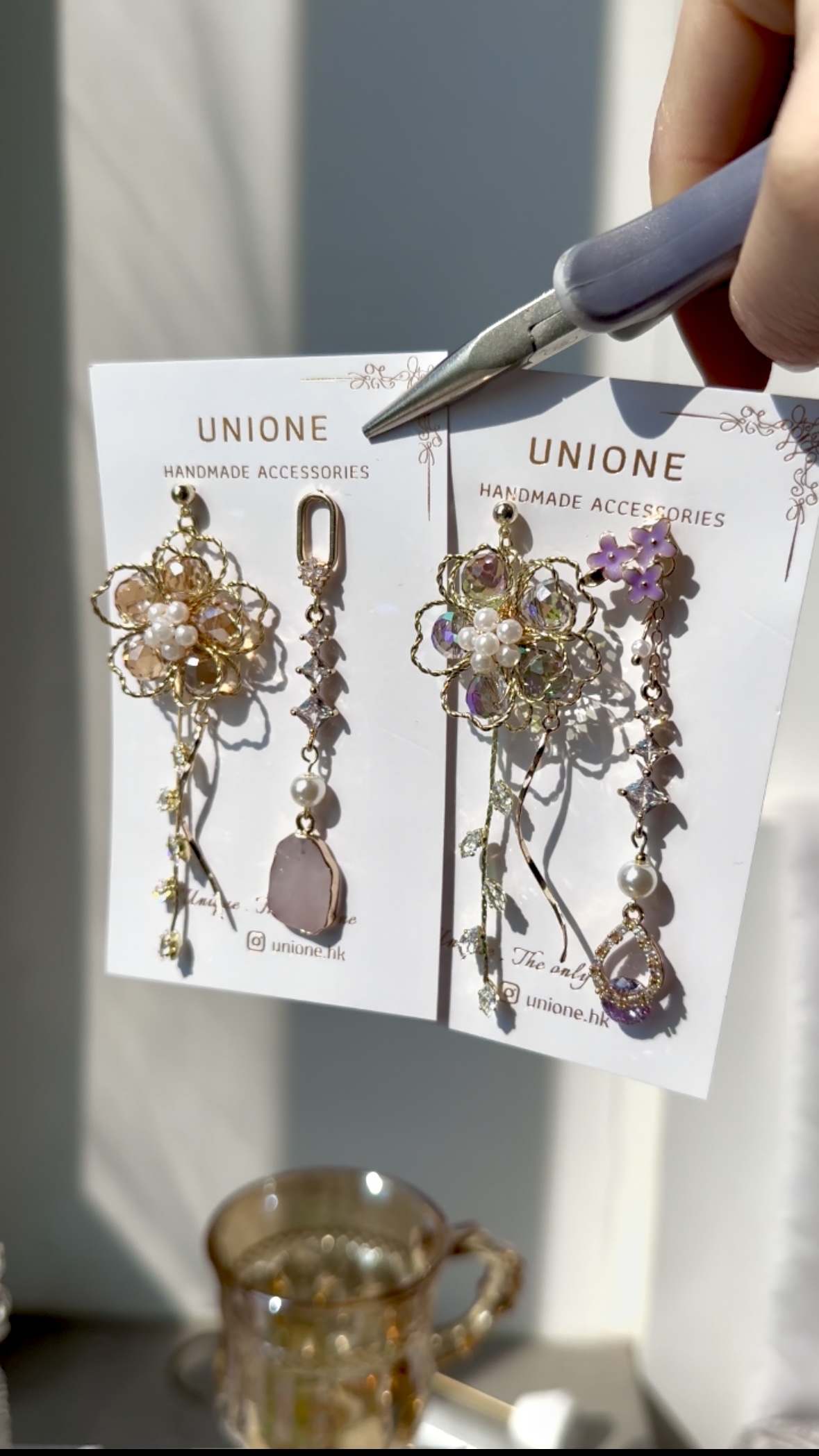 漸變粉水晶花耳環💓