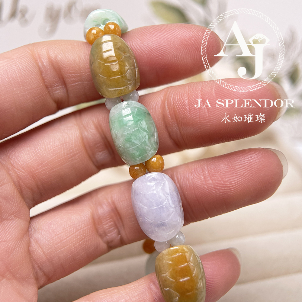 OF-06-I 天然翡翠A玉 - 冰潤三彩長壽吉祥龜貝手串(特價處理不設退換)