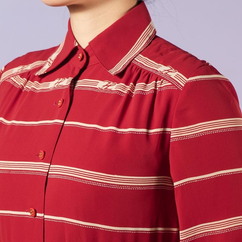 Vintage Japanese Linear Pattern Red Shirtdress Pleated Day Dress(MT1608-104)