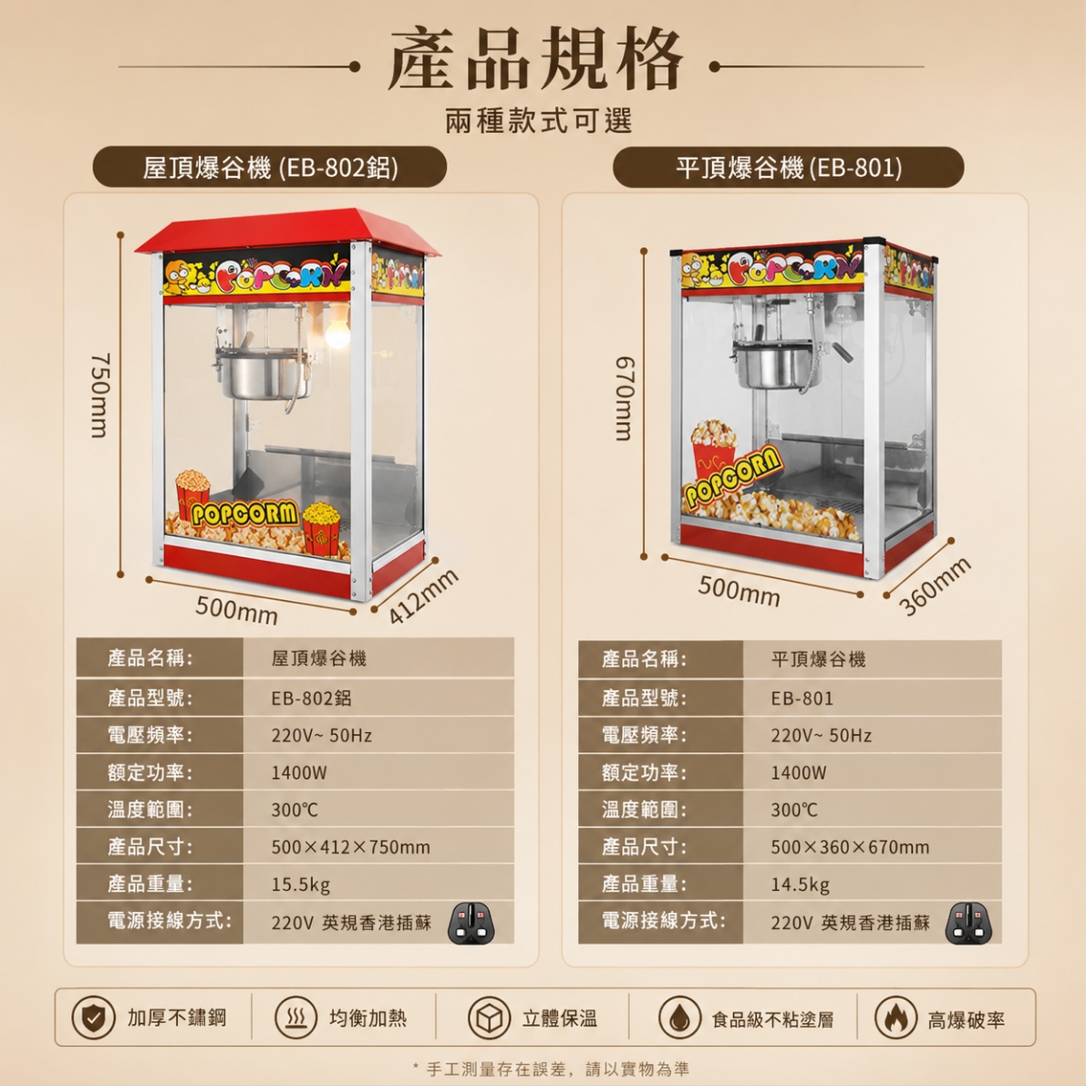 商用爆谷機｜平頂／屋頂爆谷機｜220V 香港英規插蘇｜1400W 專業爆谷機｜香港現貨