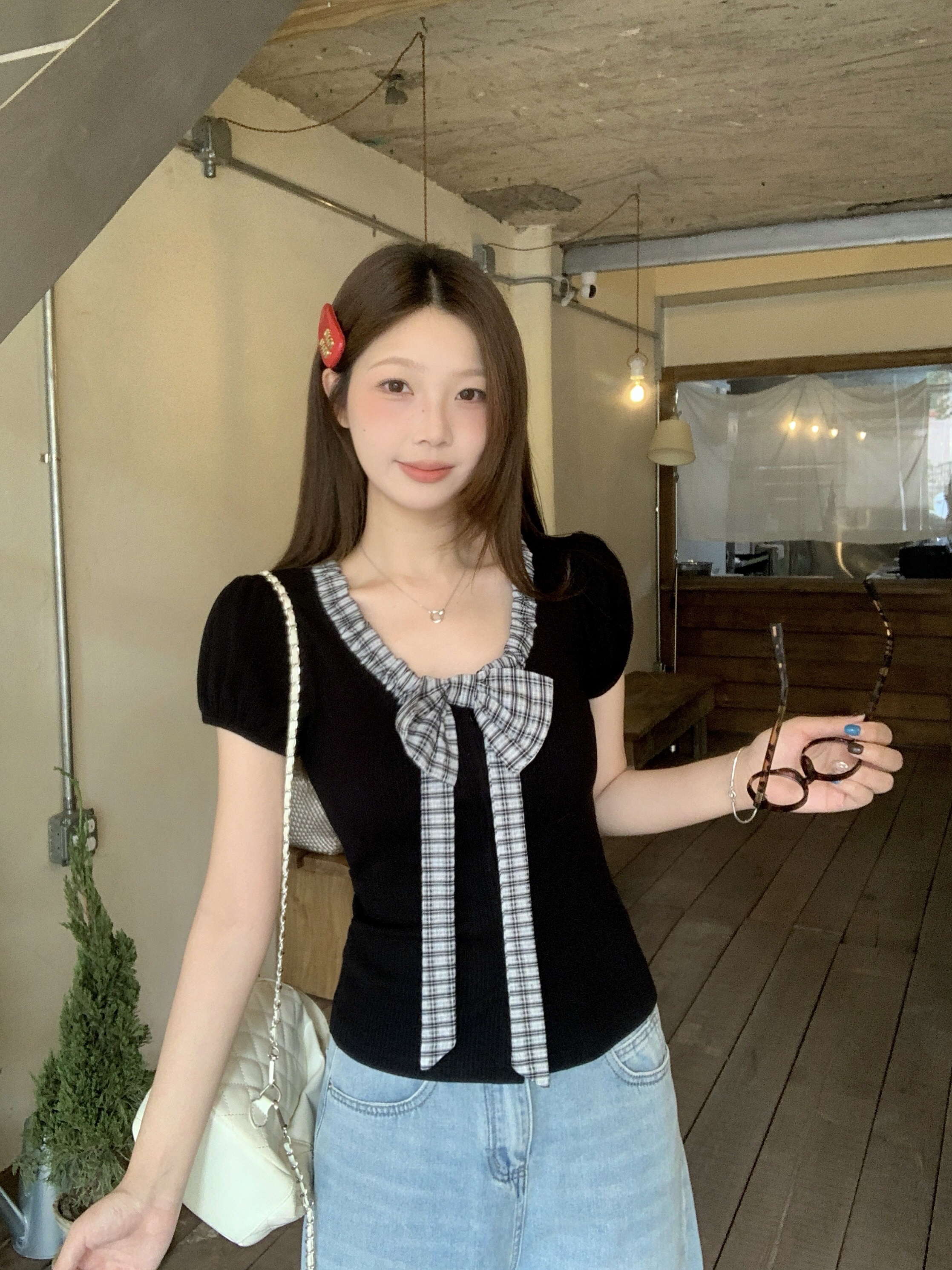 B173(9030) 韩系温柔甜美风领边褶皱格纹立体蝴蝶结灰黑上衣