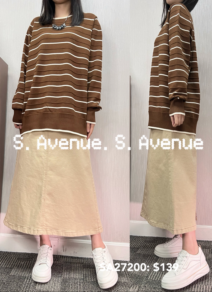 SA27200: 長袖撞色白邊領長身間條top