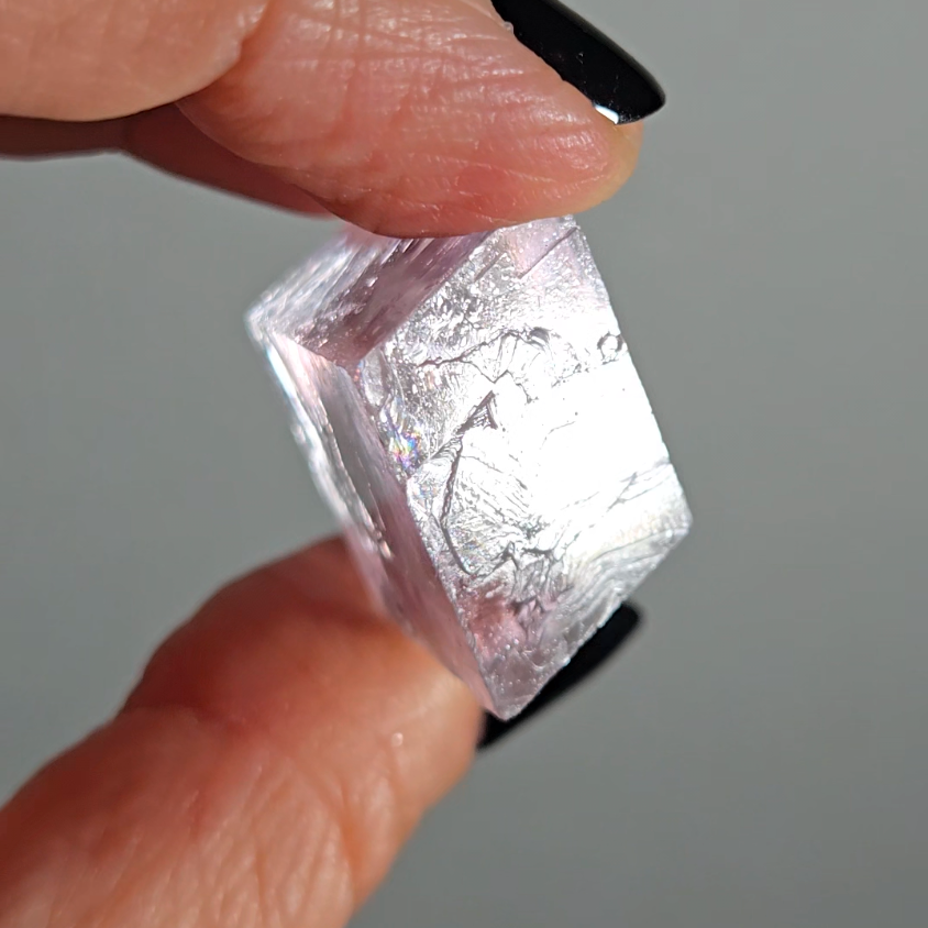 Purple calcite cube with rainbows - PC5