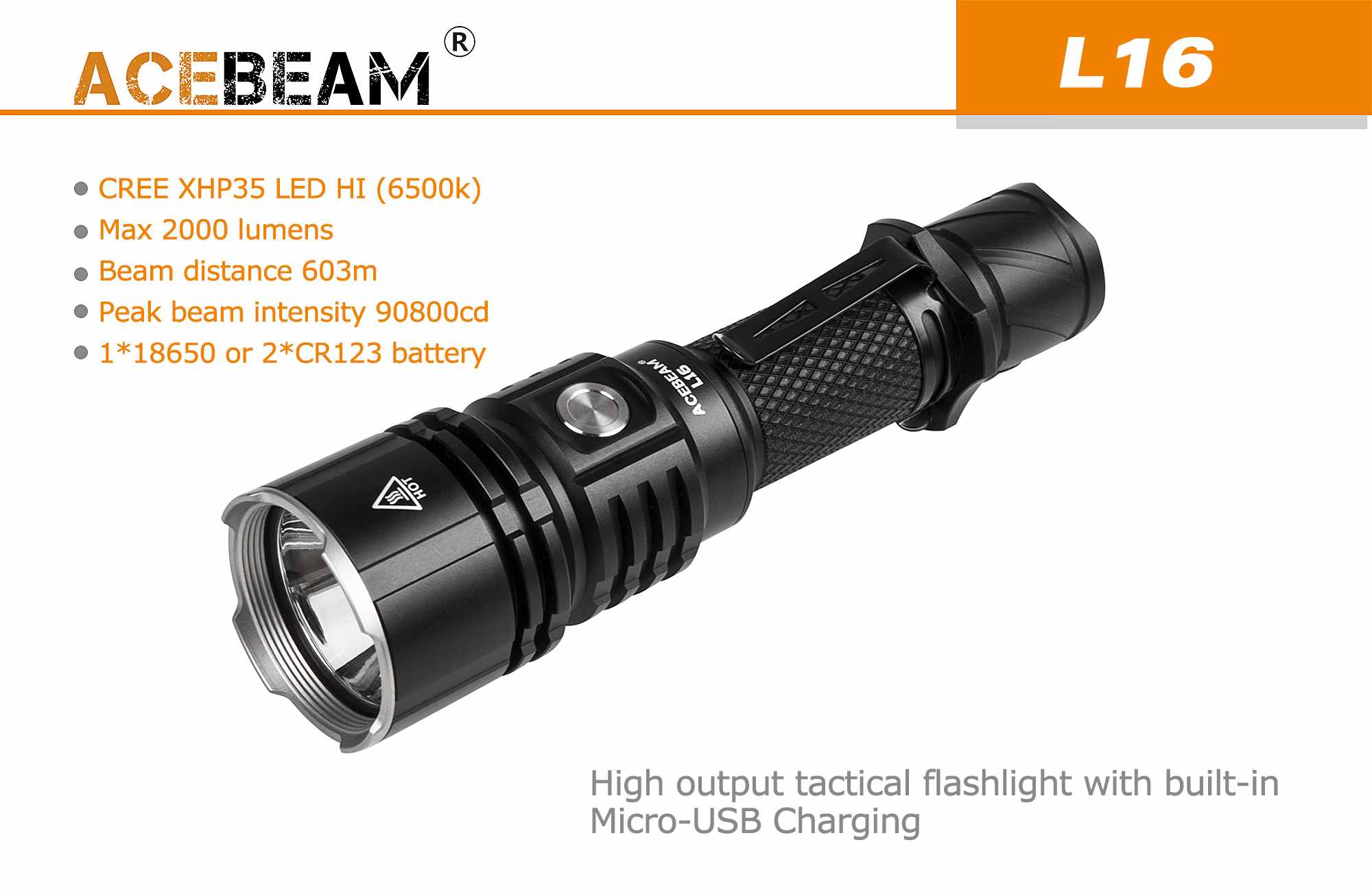 ACEBEAM L16戰術手電筒：2000流明強光+雙開關操控
