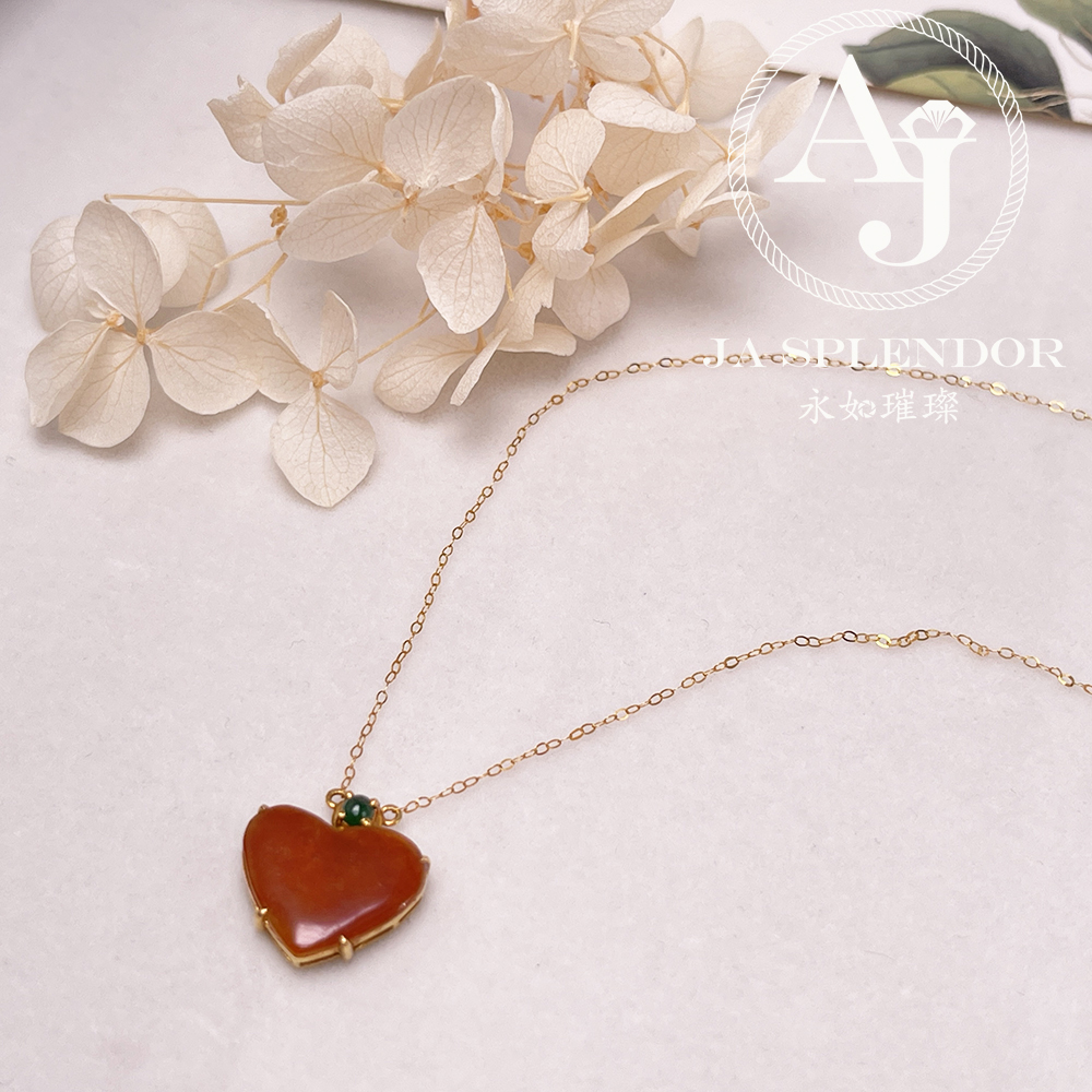JNk-12 天然翡翠A玉 冰潤紅翡翠心心相印18K金吊墜連項鏈