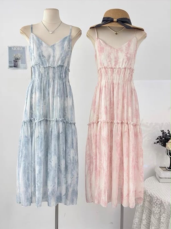 A031134 French-Inspired Tie-Dye Vacation Dress with Ruffle Trim and Spaghetti Straps